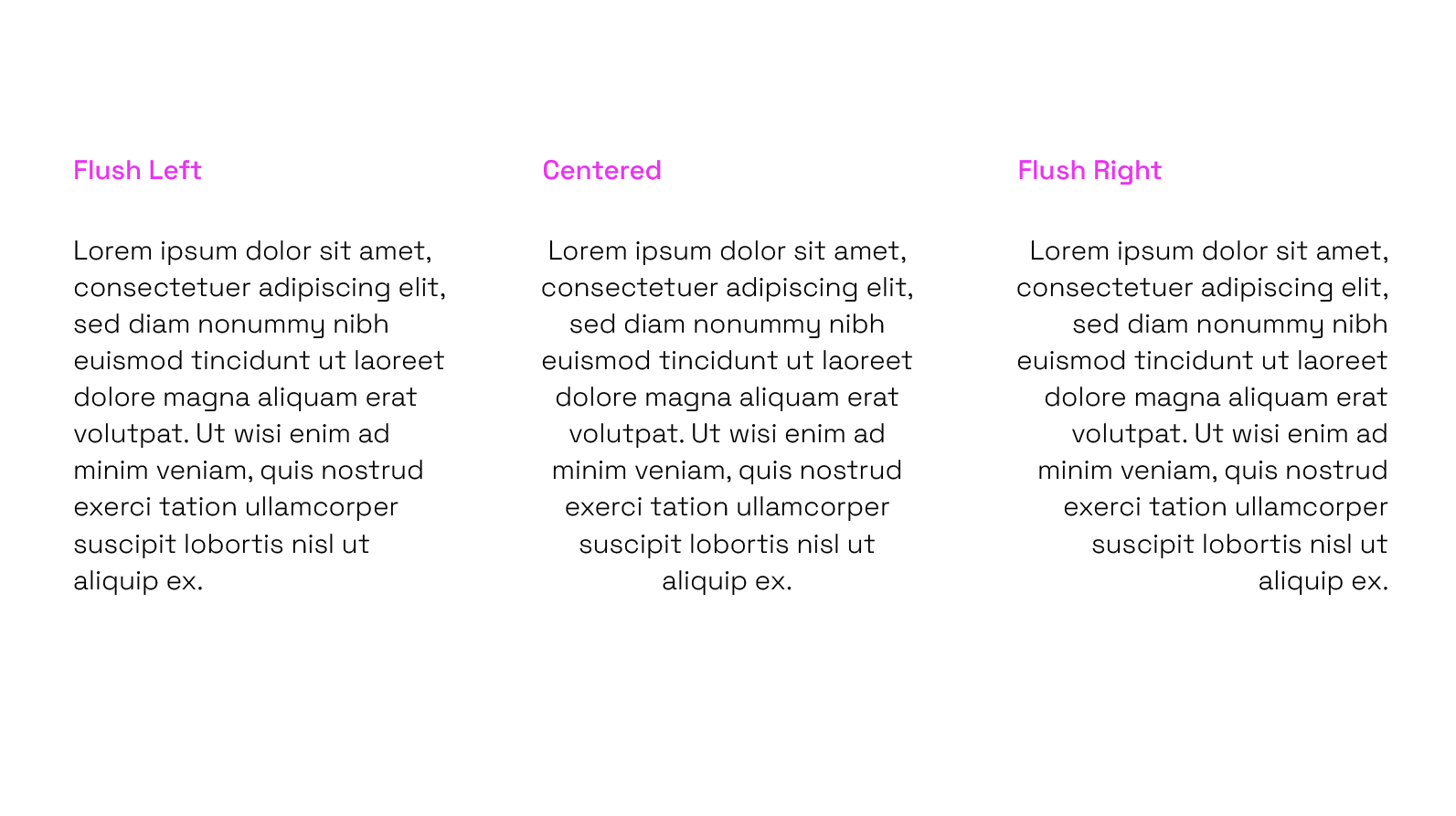 An image of type set in Space Grotesk detailing the difference between alignment flush left, centered, and flush right.