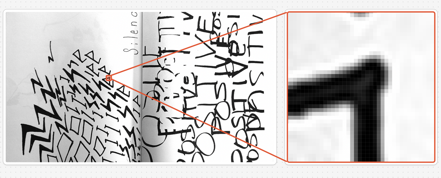 An image depicting the zoomed view of what pixels look like in a pixel editor. In this case Adobe Photoshop.