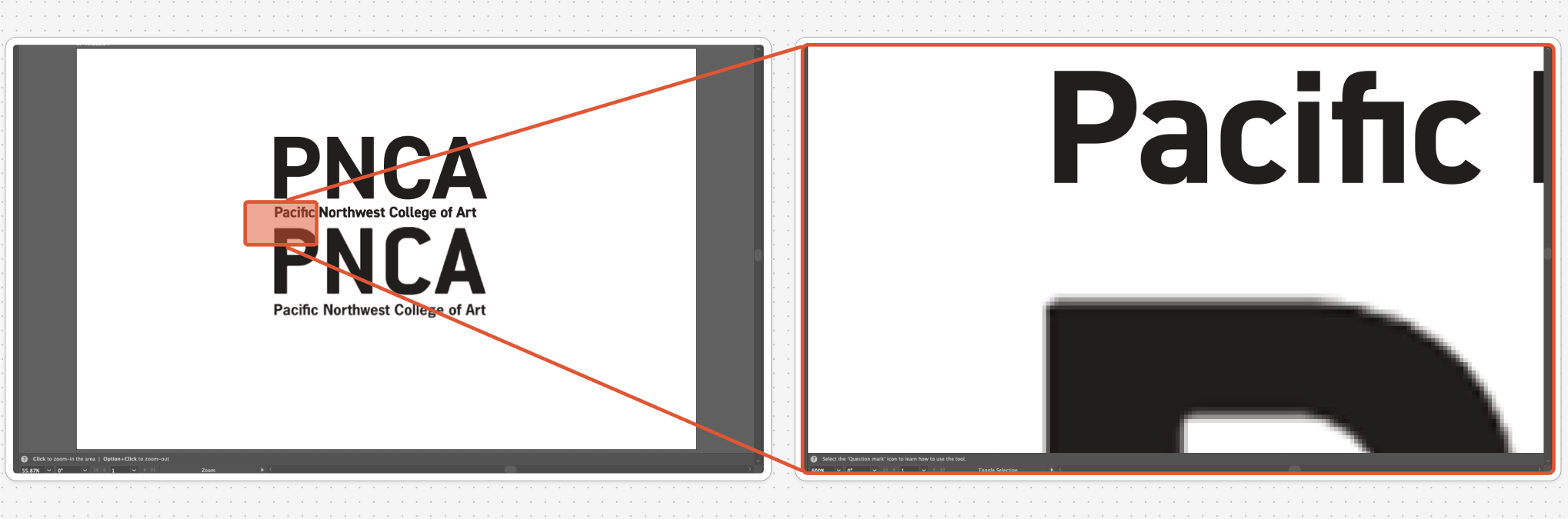 An image depicting a comparison of a vector logo and a rastered image of the same logo.